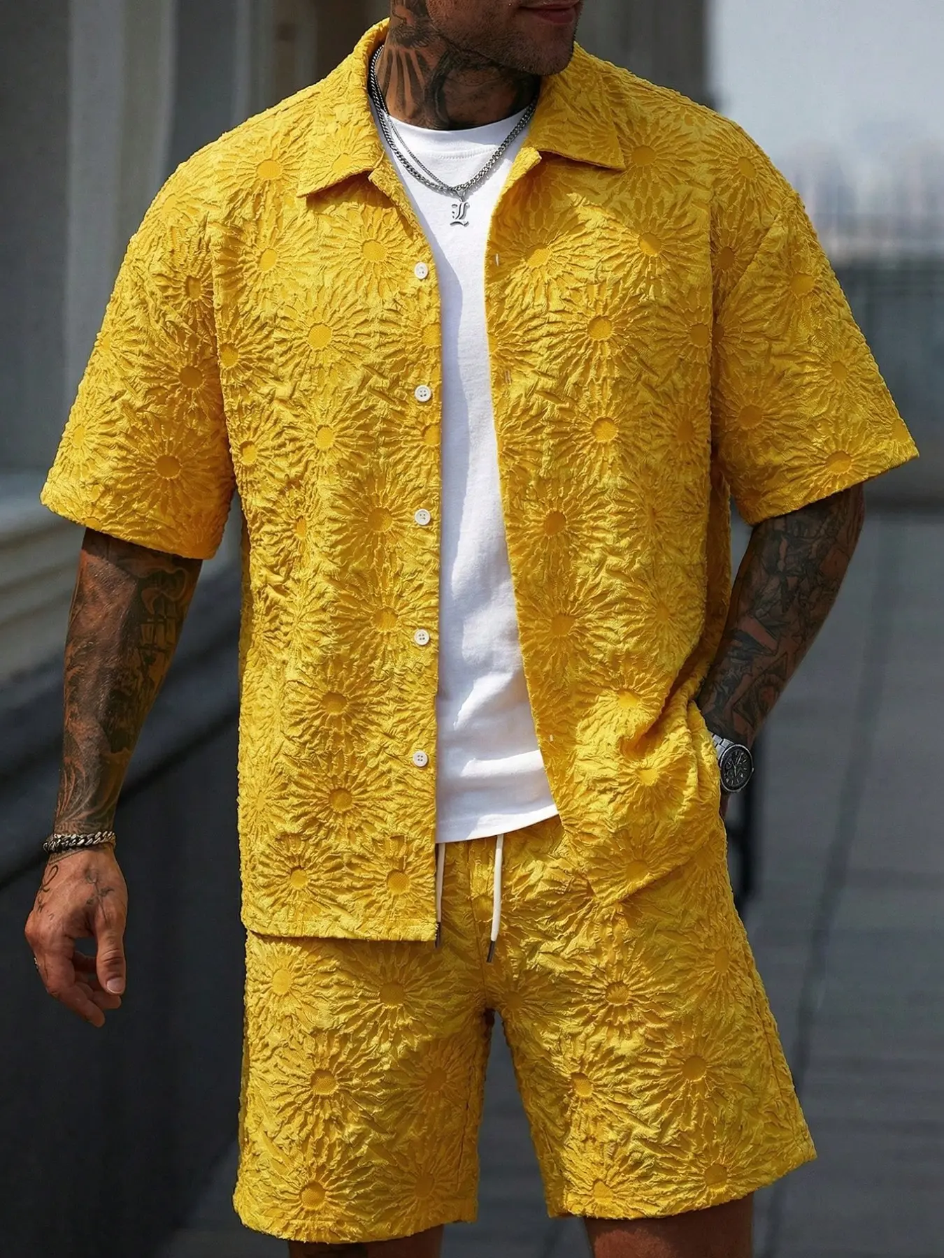 Men's Summer Shirt, Fun Shirt, Sunflower Texture, Short Sleeve, Button Front Design, Perfect for Music Festivals, Beach, Daily Wear, Gift Idea, Casual Summer Clothes