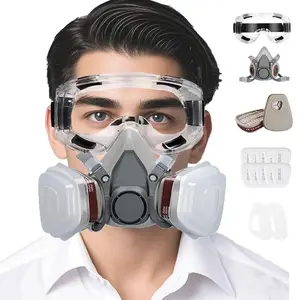 Professional Respirator Mask for Paint Dust & Chemicals Half Face Gas Mask with Activated Carbon Filter & Comfortable Silicone Seal for Woodworking & Spray Painting - Air Filtration  Construction Gloves Goggles,Wide View Protective Work Mask