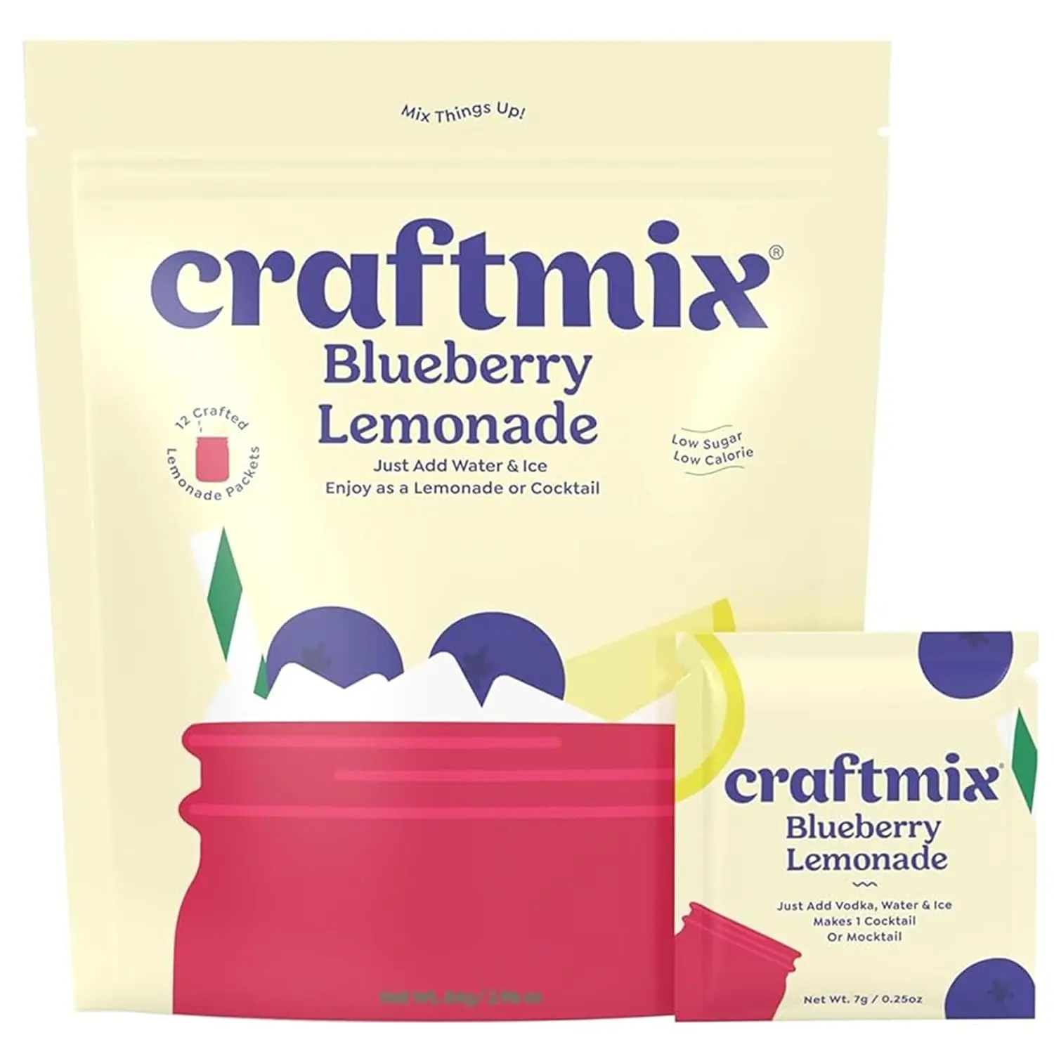 Blueberry Lemonade Mix, 12 Packets, Easy Powder Drink with Real Fruit, Low-Sugar, Vegan, Low-Carb, Non-GMO, Dairy-Free, Gluten-Free, Flavored Water Enhancer, On-the-Go Water Flavoring Packets