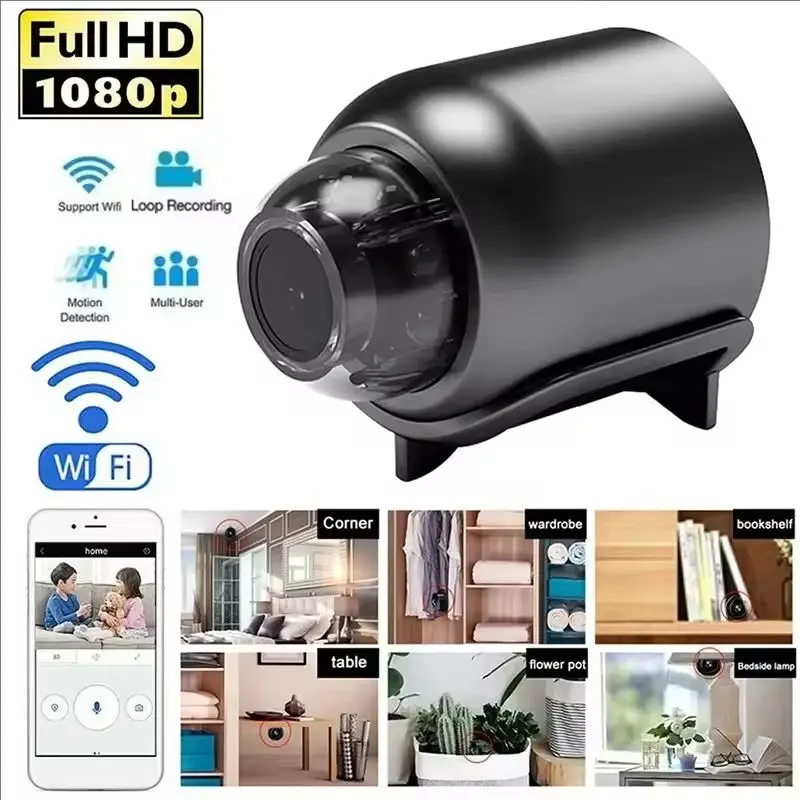 1pcs Black Mini WiFi Home Security Camera - Wireless Car Electronic Accessory Surveillance System, 1080p Full HD Night Vision, App Control, Remote View, Easy Setup, Portable Video Surveillance Kit for Indoor/Pet Monitoring (Support WiFi)