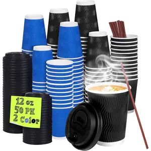 2-Color Assortment Coffee Cups (Blue, Black) - 50-Pack of 12 oz Disposable Paper Cups with Lids, Stirring Straws, Insulated Corrugated Wall for Hot & Cold Drinks