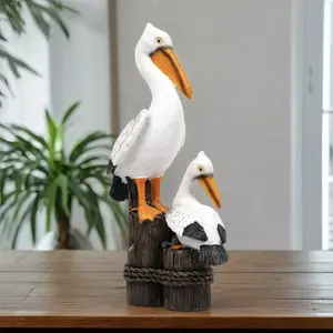 Pelican Mother and Child Figurine, Realistic Style Home Decor, Natural Aesthetic Display, Faux Fur Texture, Wood Stake Rope Details