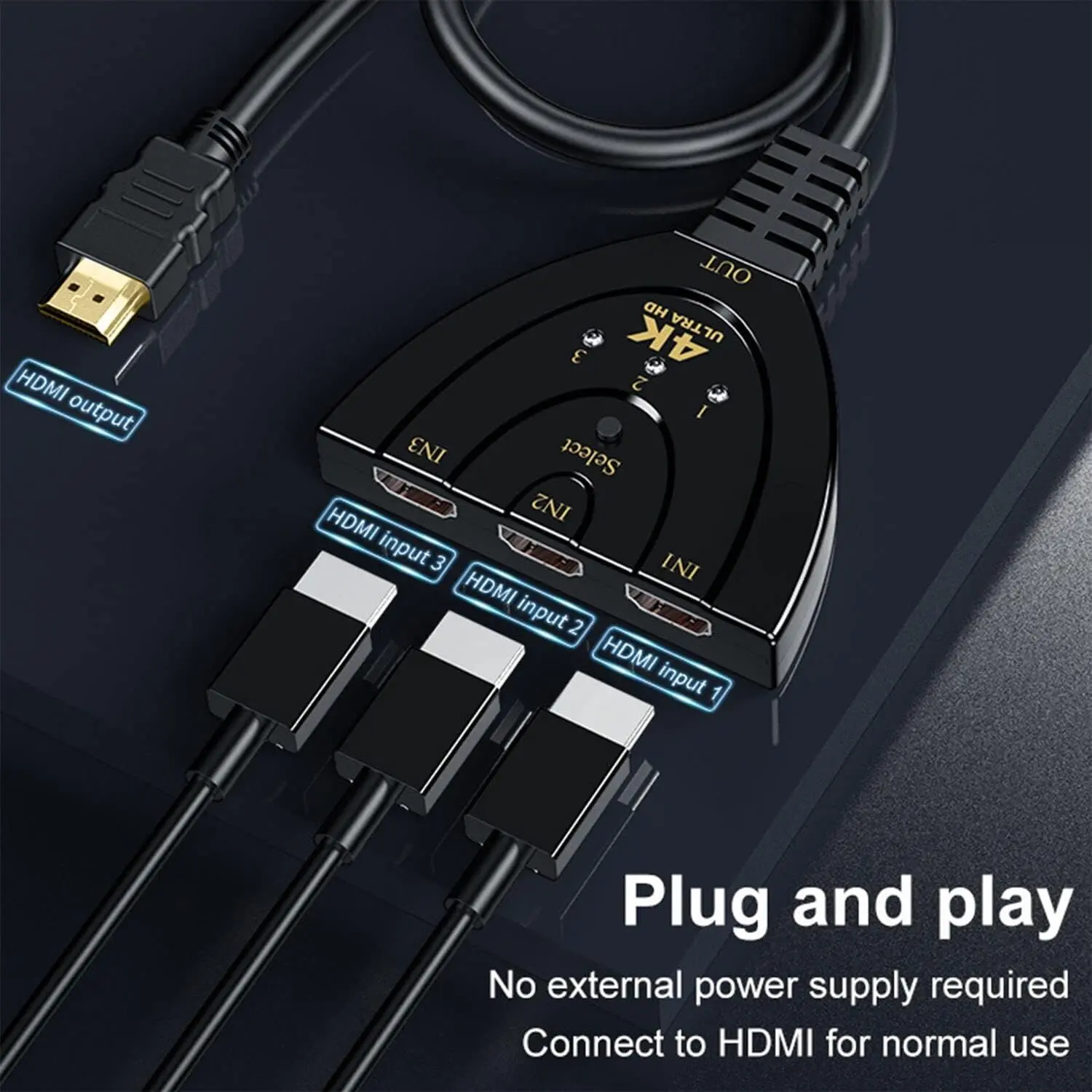 3-Port HDMI Hub, 3 in 1 Out Switch with 4K@60Hz Support, HDMI 2.0 Splitter for Full HD 1080P 3D Playback, Compatible with Xbox, PS5/4/3, Blu-Ray Player, DVD Player