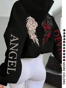 Women's Letter Graphic Hoodie, Rose Wings Print, Long Sleeve, Casual Fashion, Warm and Cozy, Outdoor Street Style, Fall & Winter