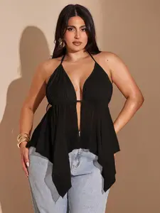 GoodVibesApparel x BAE Plus Size Halter Blouse Chiffon Tie Neck Slim Fit Soft Lightweight Breathable Fabric Light Yellow Color Flattering Shape Beach Vacation Casual Daily Wear Summer Outfit Trendy Women Fashion