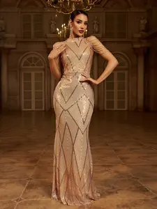 MISSORD Cold Shoulder Beads Chain Cocktail Formal Dress for Women - Sequin Evening Prom Gown with Halter Neckline & Fitted Silhouette