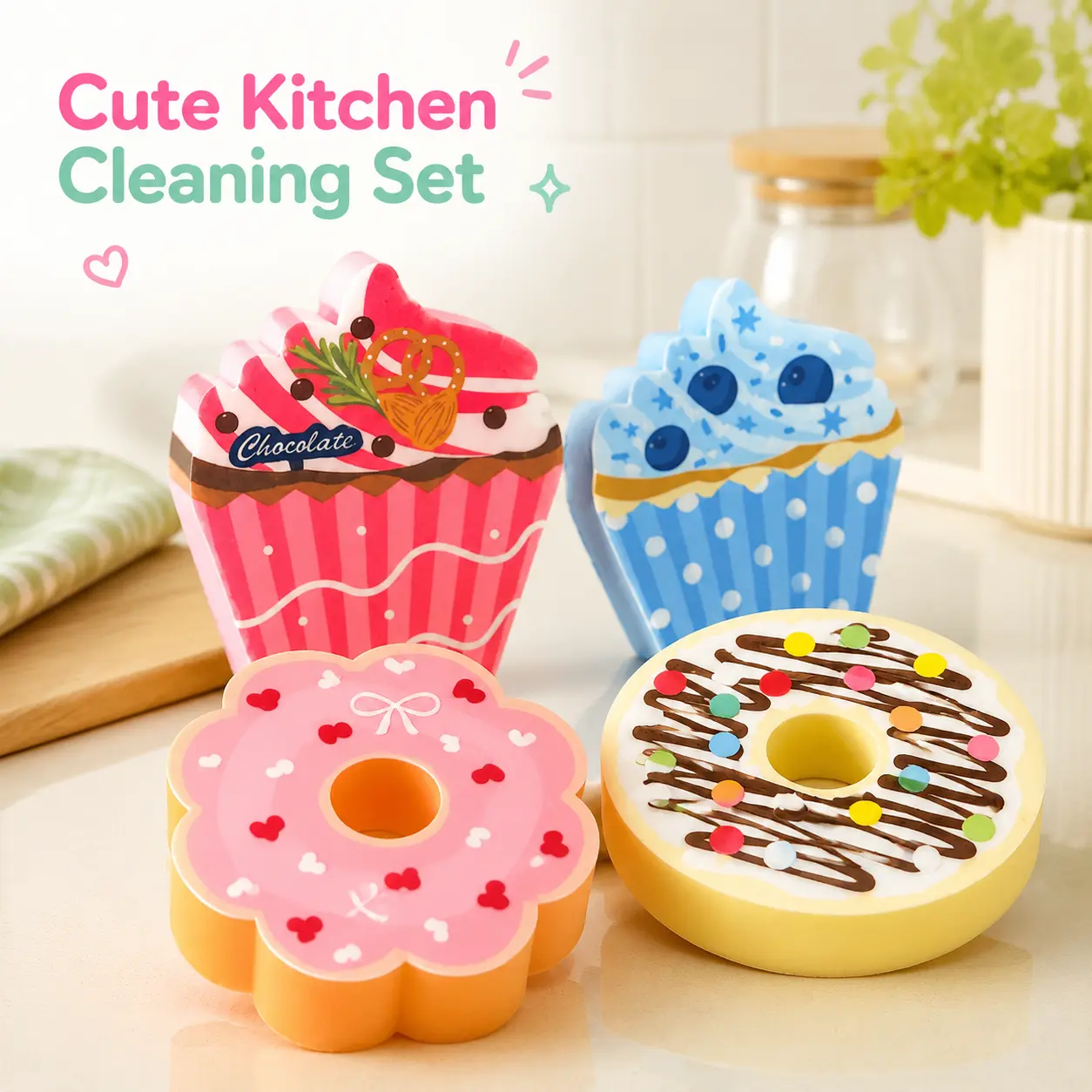 Dish Sponge Set, 4‑Piece Optional, Soft Foam Sponge, High Water Absorption, for Accessory Cleaning, Absorbent Reusable Fun Dessert Shape Cleaning Sponge for Kitchen Pot Bowl Sink Dishwashing