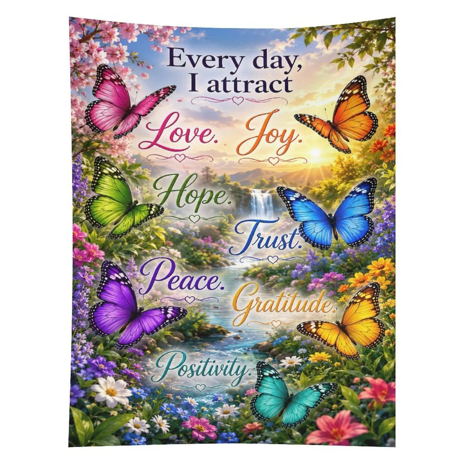 Love Joy Hope Trust Tapestry Butterfly Waterfall Positive Quote Wall Decor