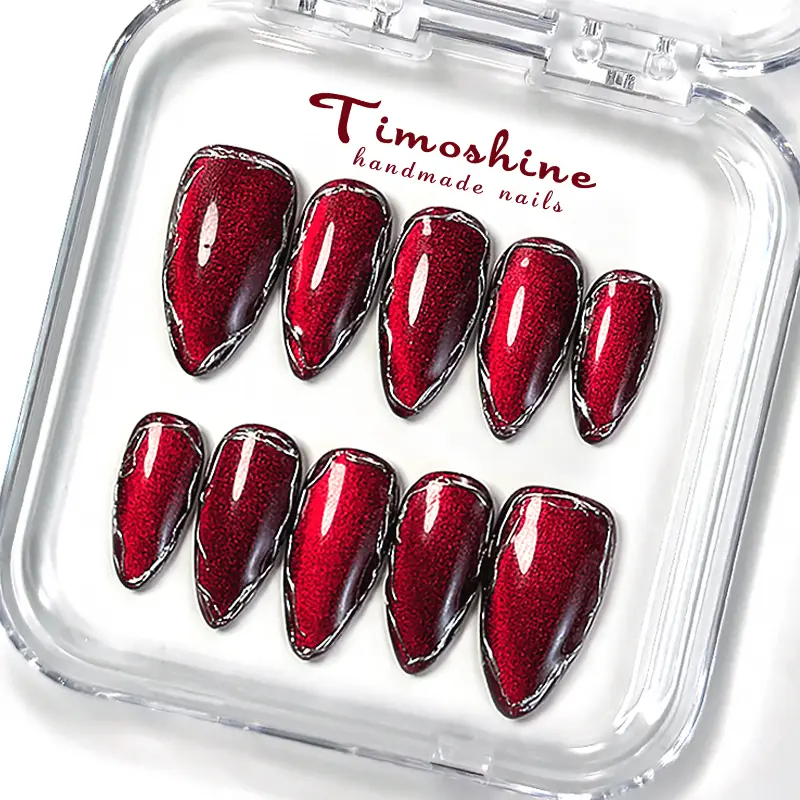 Timoshine | Burgundy Edge 10PCS Handmade Press On Nails REUSABLE 3D Gel fake nails acrylic press nails