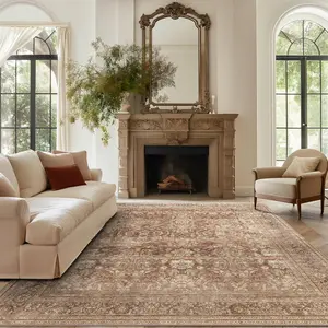 Velvet Rugs for Living Room, Non-Slip Backing Washable Rug, Large Area Rug Soft Carpet for Bedroom Dining Room, Vintage, Easy Clean, Durable, Low Pile Rug Under Table, Brown