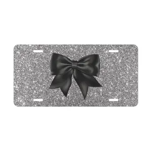 Front License Plate with Black Bow on Silver Glitter-Effect Background, Vanity Car License Plate, Cute Women's Car Accessories, New Car Gift