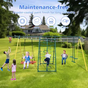 SAVEYOUR 6-in-1 All-in-One Outdoor Swing Set, Multi-Activity Playset Integrated with Climbing Frame, Climbing Net, Two-Person Glider, Hammock Swing, Belt Swing and Basketball Hoop, Sturdy Structure Perfect for Backyard Garden  Entertainment