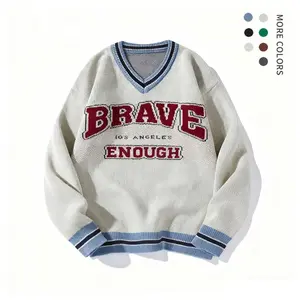 Men's V-neck pullover sweater, loose casual long sleeved shirt, seasonal basic shirt, fashionable men's university style neutral sweater, men's pullover sweater, knitted printed jacquard letters, versatile colors