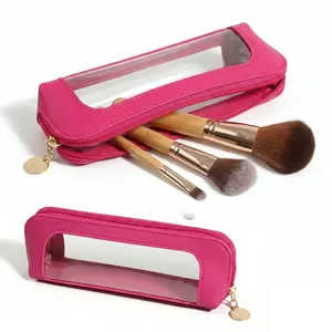 Clear Makeup Brush Bag, Slim Brush Holder Cosmetic Case, Small Travel Toiletry Bag for Women, Thin Make Up Bags with Zipper, Purse Organizer Car Essential Bag for Women, Travel Essentials Storage Bag, Mother's Day Summer Gift