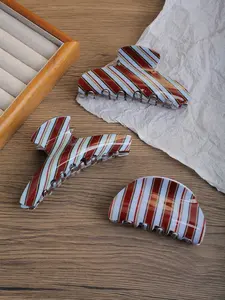 3pcs Vintage Blue Half Round Oval Stripe Hair Clips Set, Flat Claw Clips, Elegant Personal Style Back Headband Bun Clip, Daily Outdoors Casual Parties, Hair Claws