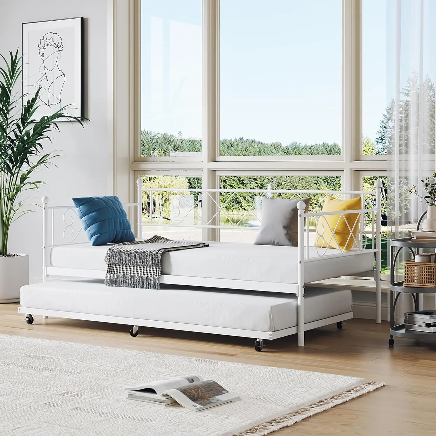 Gaomon Minimalist Iron Frame Trundle Bed with Twisted-Shape Heart Headboard, Wheeled Trundle, Metal Slats, Multifunctional Sofa Bed Mattress Foundation for Bedroom, Living Room - Assembly Required with Instructions