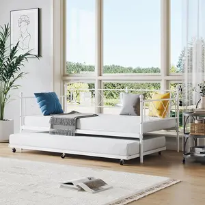 【Christmas Gift】Daybed with Trundle  Metal Twin Daybed Frame with Headboard  Multifunctional Mattress Foundation Platform Sofa Bed Metal Slats  for Bedroom  Living Room  Guest Room  White