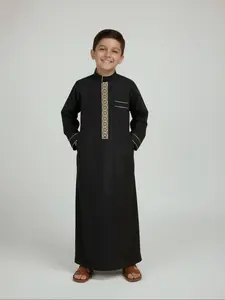 Muslim Traditional Boy Thobe Embroidered Stand Collar, Long Sleeve Side Pockets, Suitable for 8-12 Years, Comfortable Fashion
