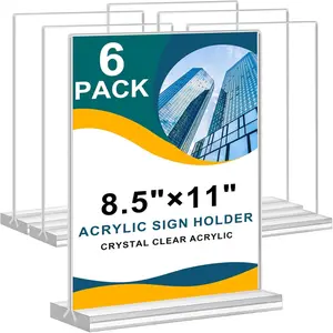 Acrylic Sign Holder 8.5 x 11, Double Sided Clear Acrylic Display Table Stand, T Shape Flyer Holder Plastic Picture Paper Frame for Home Office Menu Retail Show Fair, 6 Pack