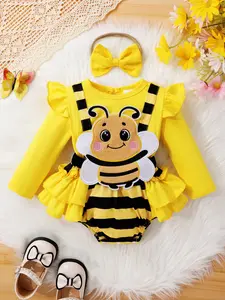 2-piece Elegant, Sweet And Cute Cartoon Bee Pattern Embroidered Ruffle Edge Contrasting Striped Dress For Baby Girls, Jumpsuit With Headband Set Suitable For Casual Daily Vacation, Party Photography