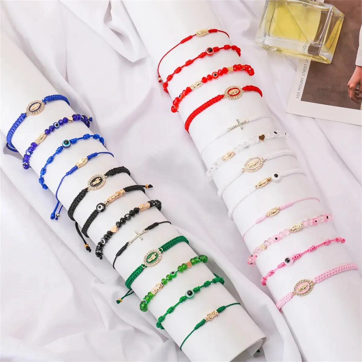 Men's & Women's 4-Piece Braided Strings Charm Bracelets Set with Rhinestones, Evil Eye, Heart & San Judas Charms - Cute Accessories for Daily Wear, Gifts for Boyfriend, Special Gift for Men, Boys, Girls
