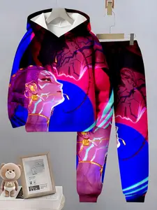 Unisex Casual Sportswear Set, Hooded Sweatshirt and Long Pants, Random Print, Slim Fit, Fashionable All Seasons