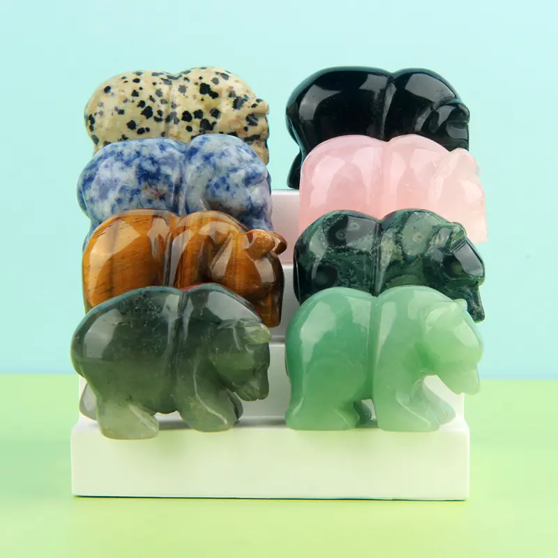 Natural Stone Carved Bear Figurine - Cute Animal Style DIY Finished Material Package, Reiki Minerals Gem Craft Gift, Rose Quartz Crystal Statue for Room Decor