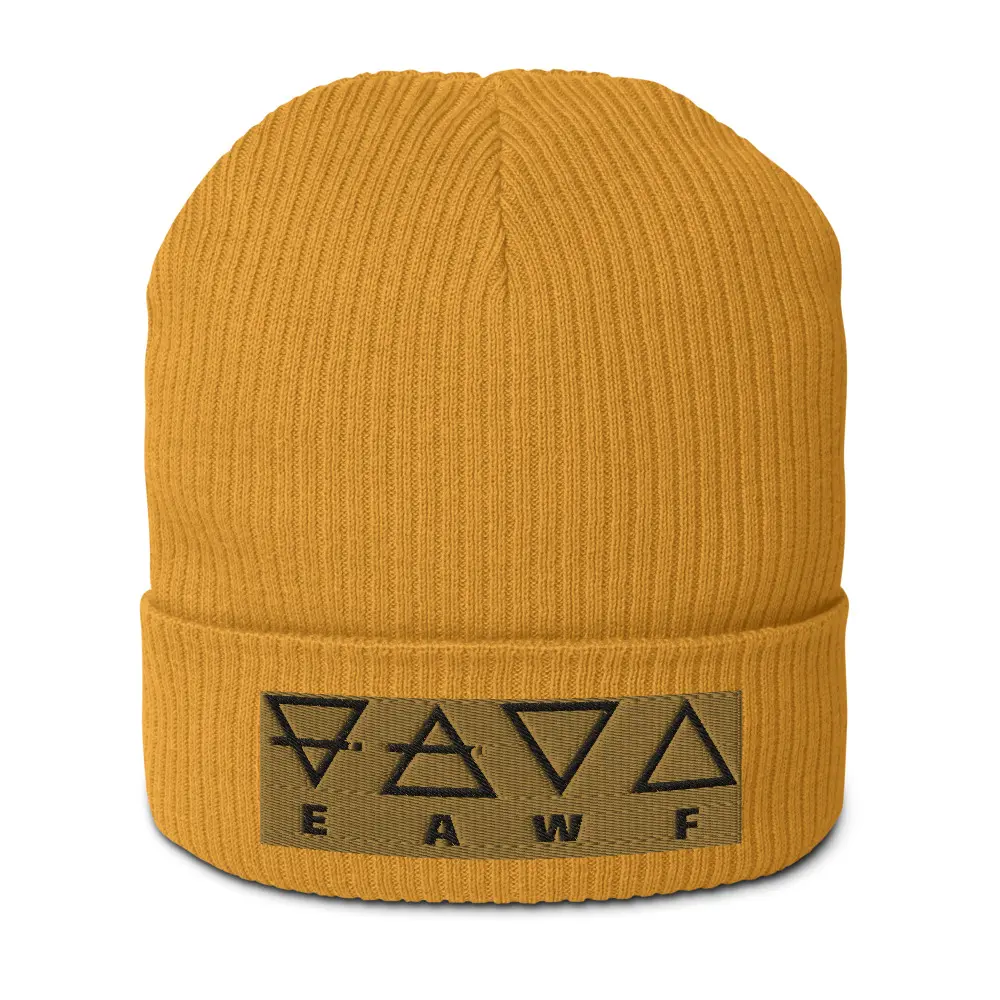 Earth Air Water Fire Organic Ribbed Beanie Hat - 100% Organic Cotton Antiallergic Cuffed Design Eco-Friendly Breathable Fabric for Everyday Wear with Symbolic Embroidery