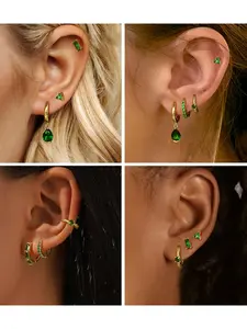 Gold Plated Hoop Earrings for Women 6 Pairs Emerald Green Earrings Dainty Small Hoop Earrings Stud Earrings Sets for Multiple Piercing Elegant Minimalist Earrings