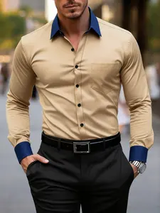 Men's Patchwork Long Sleeve Shirt, Casual Fitted Design, All Seasons Wear, Plain Pattern, Comfortable and Stylish, Casual Style Shirt