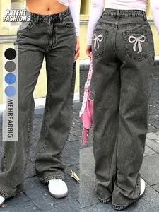 Women's Y2K Bow Embroidery Pocket Jeans Pants, loose legs to flatter your figure, easily create a cute & sexy Y2K girl style.