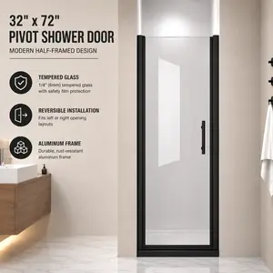 32" x 72" Pivot Shower Door, Aluminum Frame, 1/4" Tempered Glass with Safety Film, Half-Framed Swing Shower Door