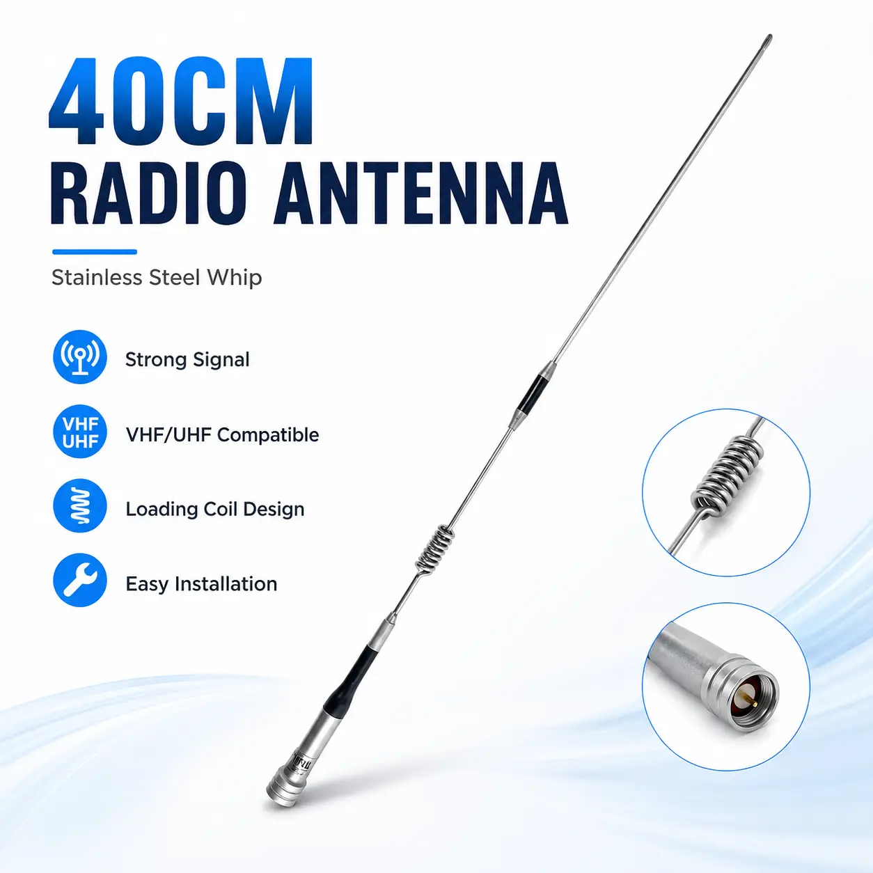 40CM VHF/UHF Stubby Bullet Mobile Radio Antenna, Stainless Steel Whip with Loading Coil, Compact PL-259 Connector Vehicle 2-Way Antenna, Effortless Install Car Exterior Accessory for Car, Off-Road, Stubby Bullet Antenna