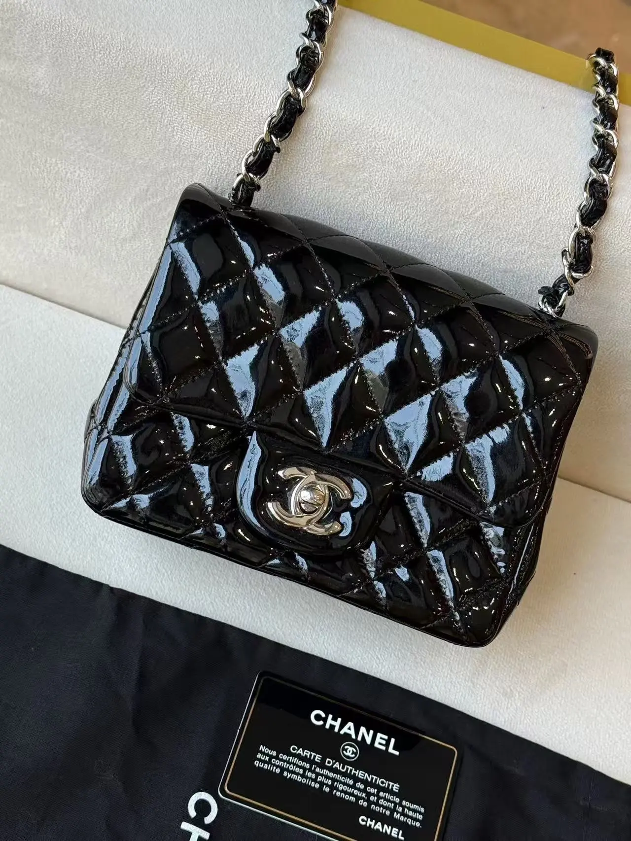 Pre-owned CHANEL Classic Flap Top Square Shape Crossbody Bag Black Patent Leather, Silver Hardware, 19 Series Stamp, 2603553, Purses Crossbody Bag