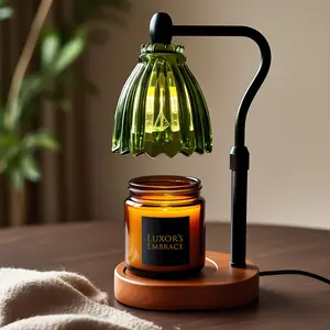 Luxor's Embrace Vintage Candle Warmer Lamp Adjustable Green Glass Warmer for Boho Decor Timer & Height Adjustable Perfect Dorm Room Gift Wooden Base 50W Halogen Bulb Dimmable Feature, Customize your Fragrance, Fits Most Jar Candles