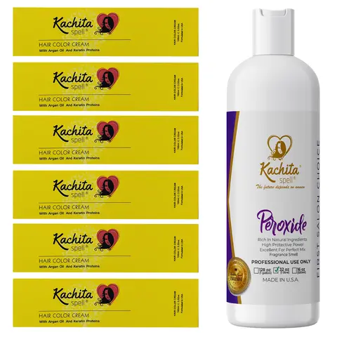 Kachita Spell Professional Hair Dye Kit - 6 Custom Shade Boxes, 1L Developer/Peroxide, Argan Oil & Keratin Haircare for Dry/Textured Hair, UV Shield, Permanent Alternative Color (Ash, Blonde, Highlights, Black, Red, Natural)
