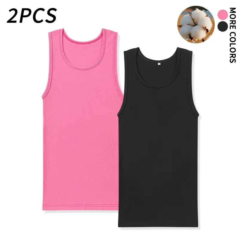 2 pcs  cotton tops, silky soft and supple basic pieces, U-neck slim fit, two styles, solid color with high saturation, stretchy, sleeveless layering base layer, breathable, bright colors for fitness, home, and casual wear