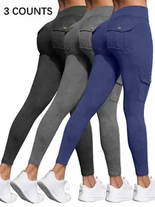 Women's Denim-effect Print Leggings with Pockets, Casual Comfy High Stretch Skinny Pants for Daily Wear, Ladies Bottoms for All Seasons