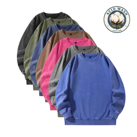 New autumn/winter men’s cotton athletic crewneck sweatshirt with fleece lining, featuring an acid wash finish; women’s same top, retro style, suitable for year-round wear (S~XXL).