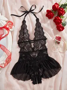 Women's Sexy Open Thigh Fitted Lingerie, Fashion Tie Details, Lace Decoration, Lightweight Fabric, Sleeveless, All Seasons, Romantic Gift