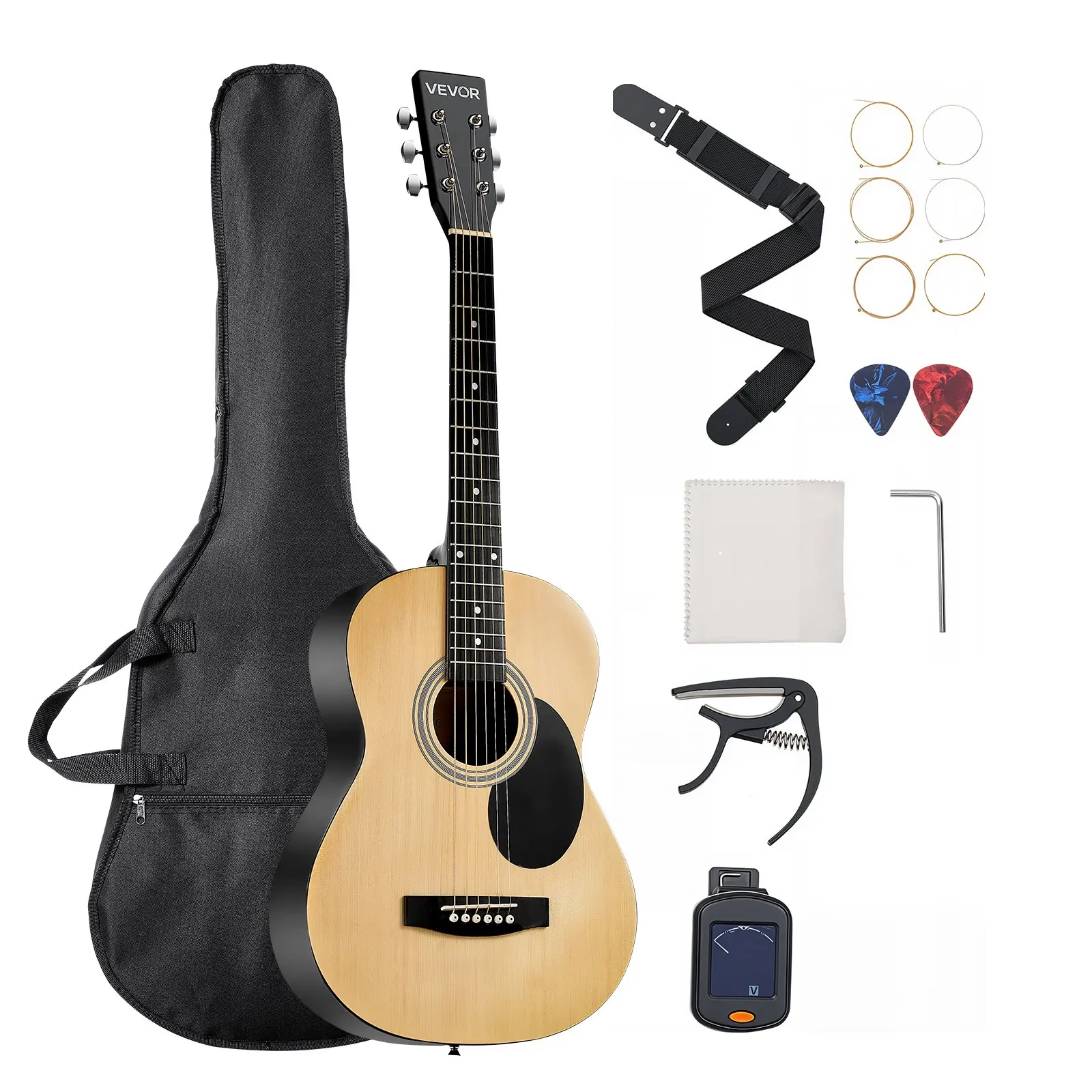 【Summerfinds】VEVOR 39 in Acoustic Guitar, 6 Strings Dreadnought (5.25 lbs, Natural Color) with Solid Spruce Top, Rosewood Fingerboard, Basswood Build, Steel Strings, Gig Bag Kit (Tuner, Strap, Picks, Capo) for Beginner Adults, Quick & Precise Tuning,, Com