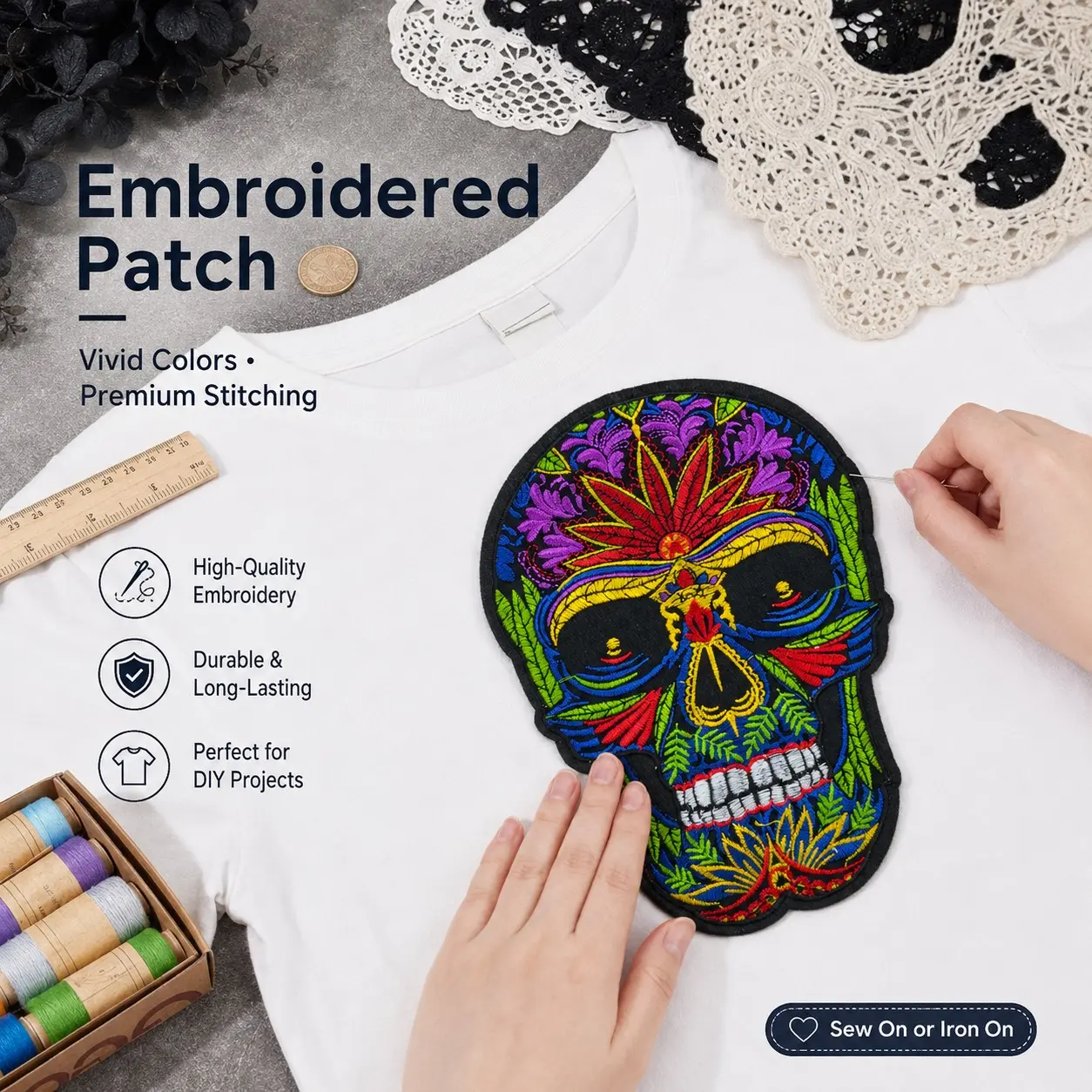 Halloween Tropical Skull Embroidered Patch, Iron on Sew on Applique, DIY Costume Decoration for Jackets, Bags, Hats, Jeans