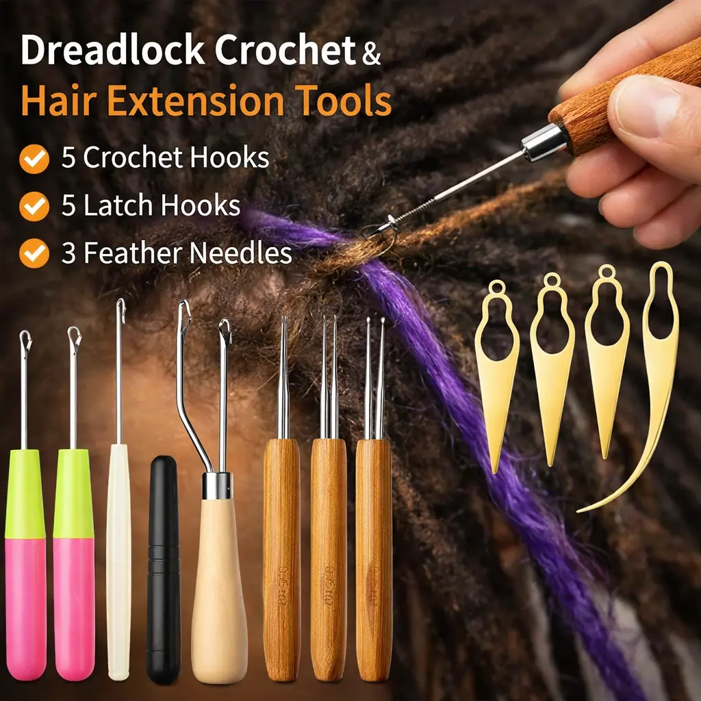 13-Pcs Crochet Style Dreadlocks Tool Set - 3 Crochet Needles, 5 Locs Interlocking Tools, 5 Bent Latch Hooks for Hair Braiding & Craft (Office School Stationery Supply)
