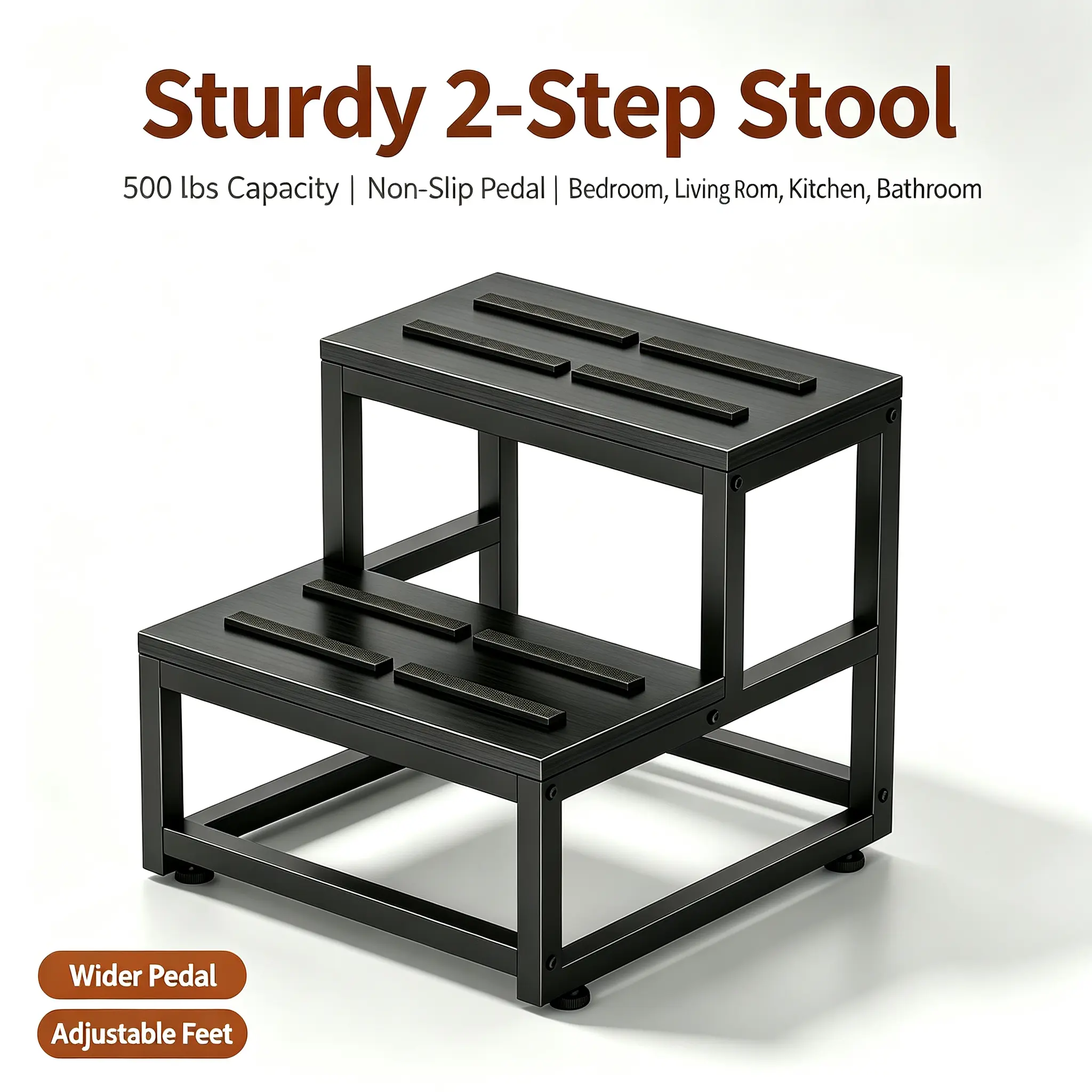 Multi Purpose Chairs & Stools - 2-Tier Metal Step Stool, Heavy-Duty Wood-Accent Indoor Furniture with Anti-Slip Rubber Strips, 500 Lbs Capacity, Assembly Required for Bedroom, RV Storage (For Adults), Bathroom, Tall Beds