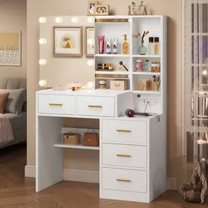Makeup Vanity Desk With Sliding Mirror And Lights, Vanity Table With Charging Station And 5 Drawers, White