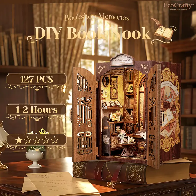 EcoCrafty Bookshop Memories DIY Miniature Booknook Wooden Furniture Kit for Adults Teens with Touch Switch & Soft Lighting Perfect Decorative Display Gift for Book Lovers