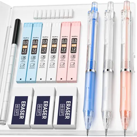 Nicpro Cute Mechanical Pencils Set, 3 Pack 0.5 & 0.7mm, Blue/Pink/White with Candy Color Accents, Easy Carrying Case, 12 HB Lead Refills, 3 Erasers, 9 Eraser Refills, Rubber Grip, Clip, Smooth Write, Drafting Tool, Study Tool, College Office Stationery