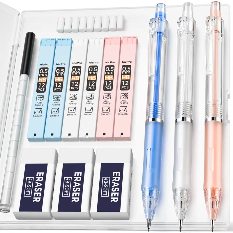 Nicpro Cute Mechanical Pencils Set, 3 Pack 0.5 & 0.7mm, Blue/Pink/White with Candy Color Accents, Easy Carrying Case, 12 HB Lead Refills, 3 Erasers, 9 Eraser Refills, Rubber Grip, Clip, Smooth Write, Drafting Tool, Study Tool, College Office Stationery