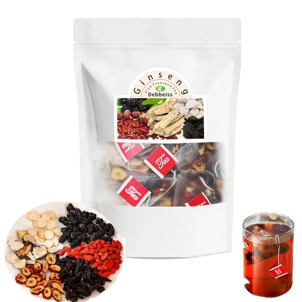 Kidney tea formula Ginseng Five Treasure Tea Combination Scented Tea Treasure Tea RedDate Wolfberry Tea,Wellness Tea for Men's Health & Adults Mulberry Herbal Formula Health Tea,3-5 Mins Steep