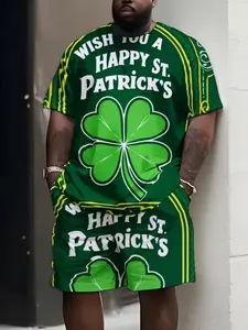 St Patrick's Day Party Set, Four-Leaf Clover Print Short Sleeve Shorts Suit, Loose Fit All Season Wear